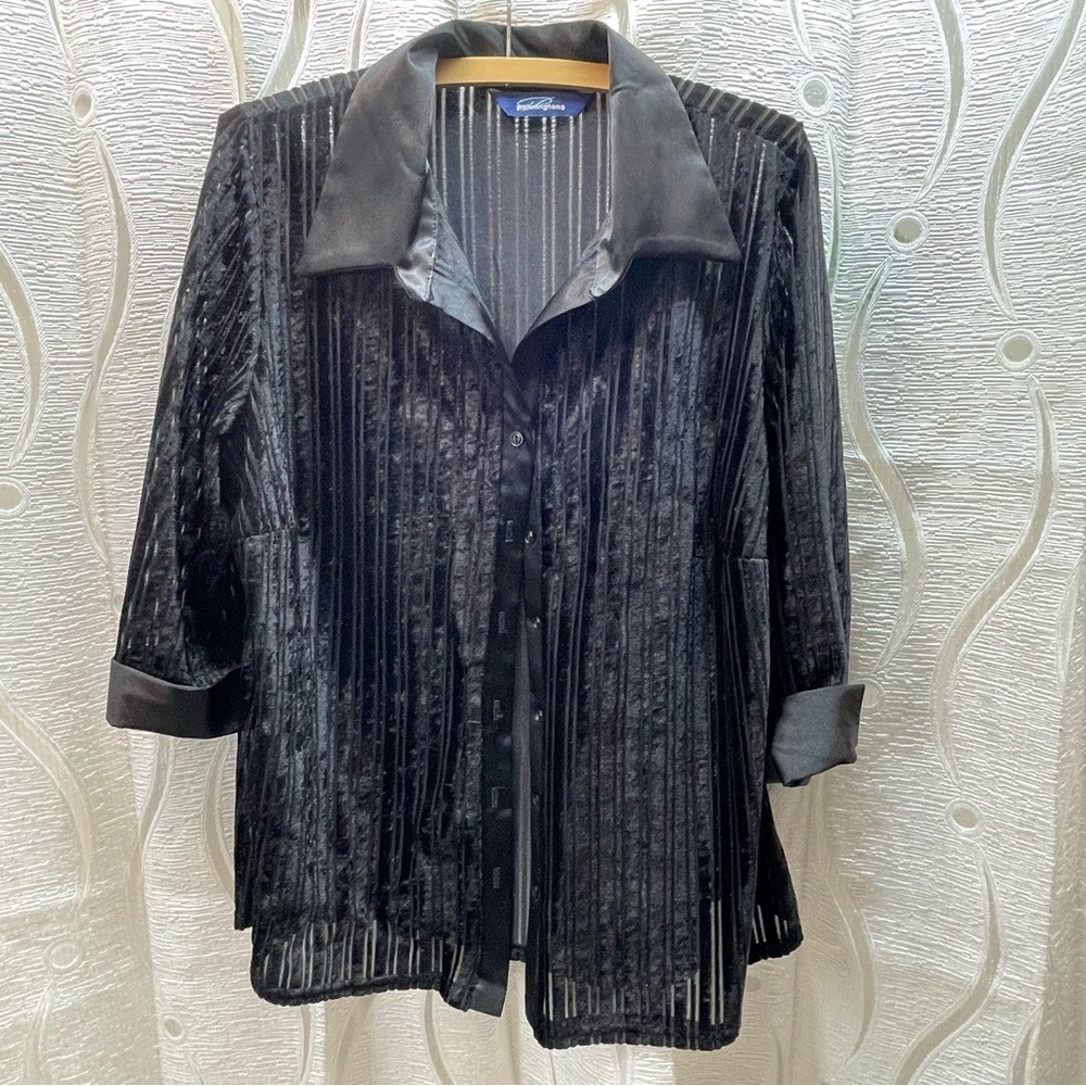 Penningtons Black Velvet Striped Collared‎ Button Up Shirt Top Women X